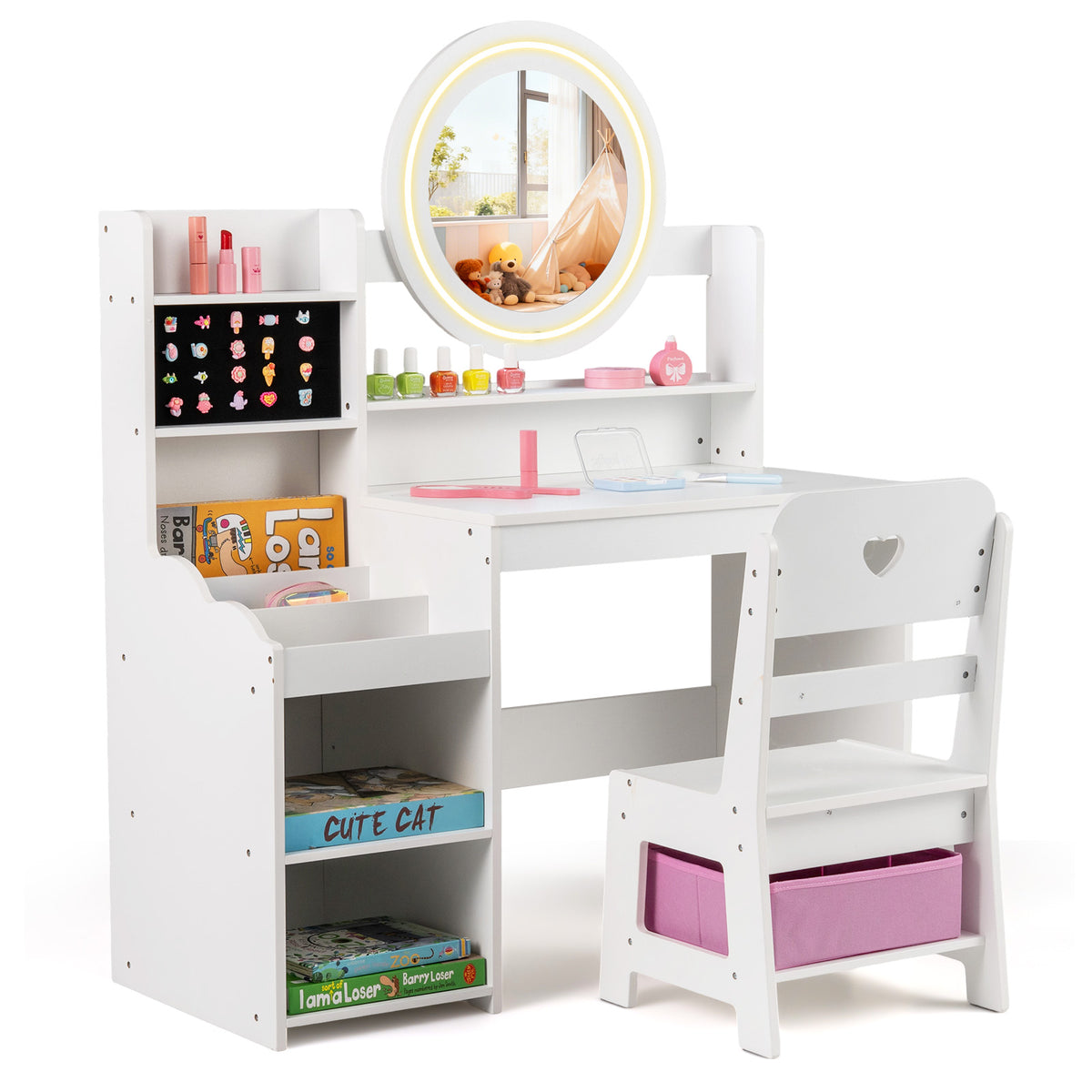 Kids Vanity Desk with Mirror Lights & Storage - White Circle Variation