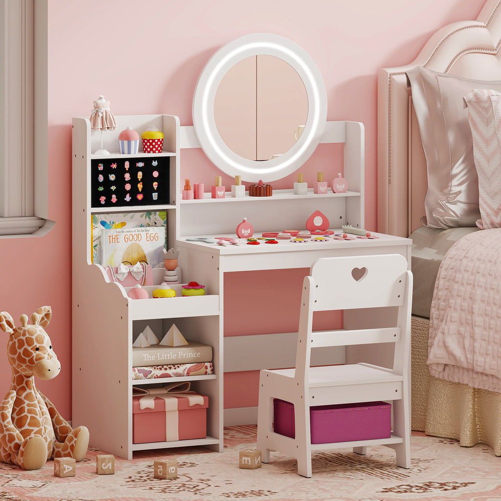Kids Vanity Desk with Mirror Lights & Storage - White Circle Variation