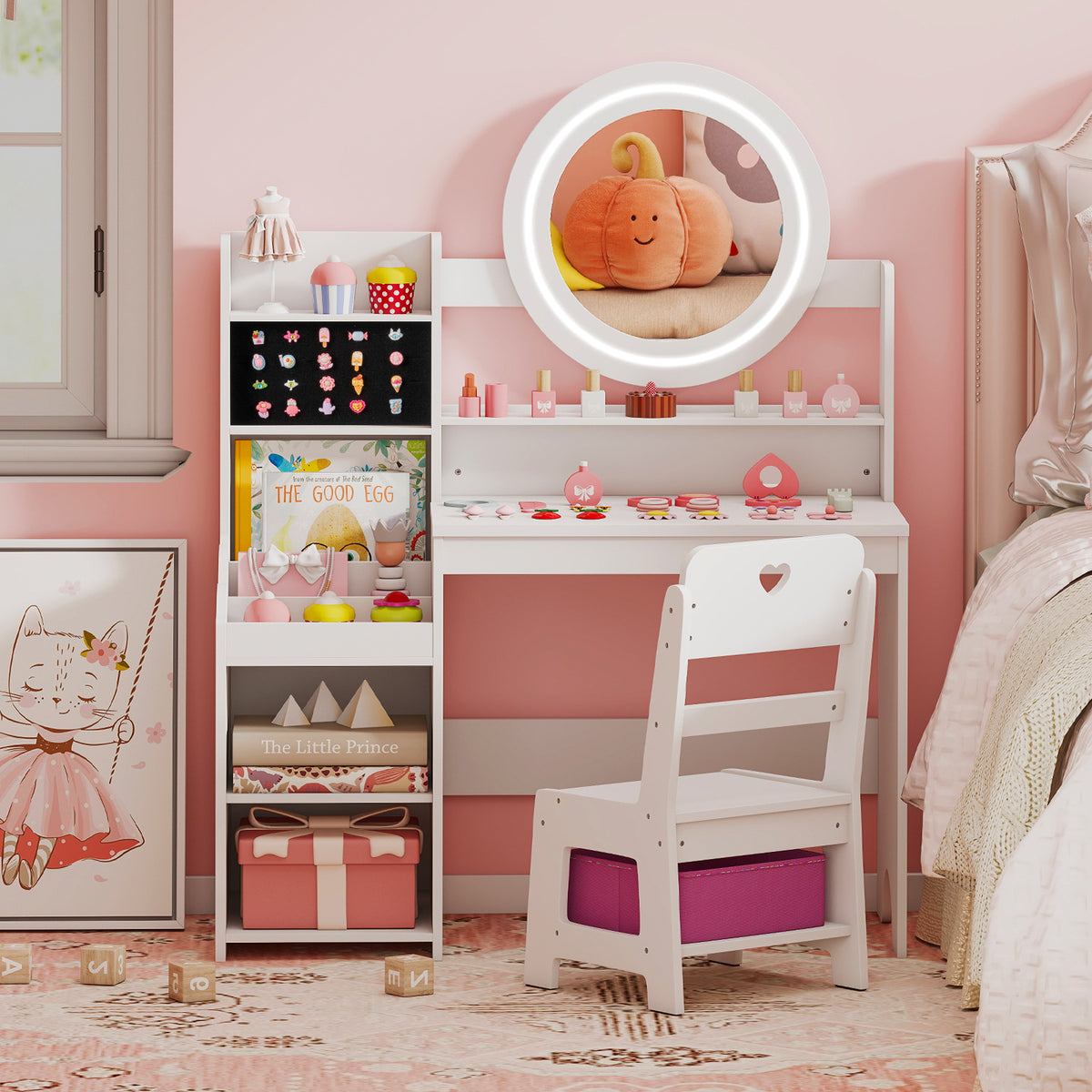 Kids Vanity Desk with Mirror Lights & Storage - White Circle Variation