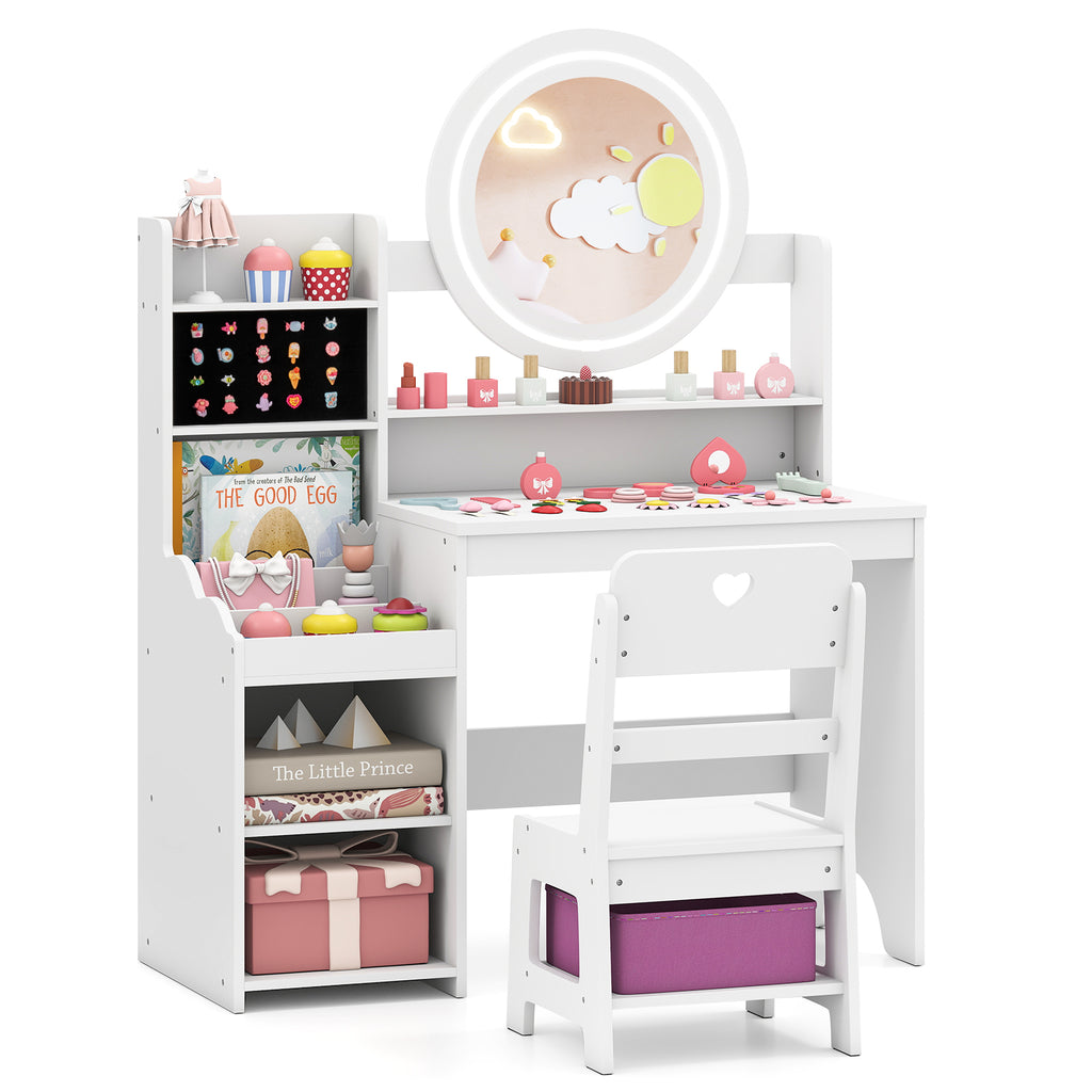 Kids Vanity Desk with Mirror Lights & Storage - White Circle Variation