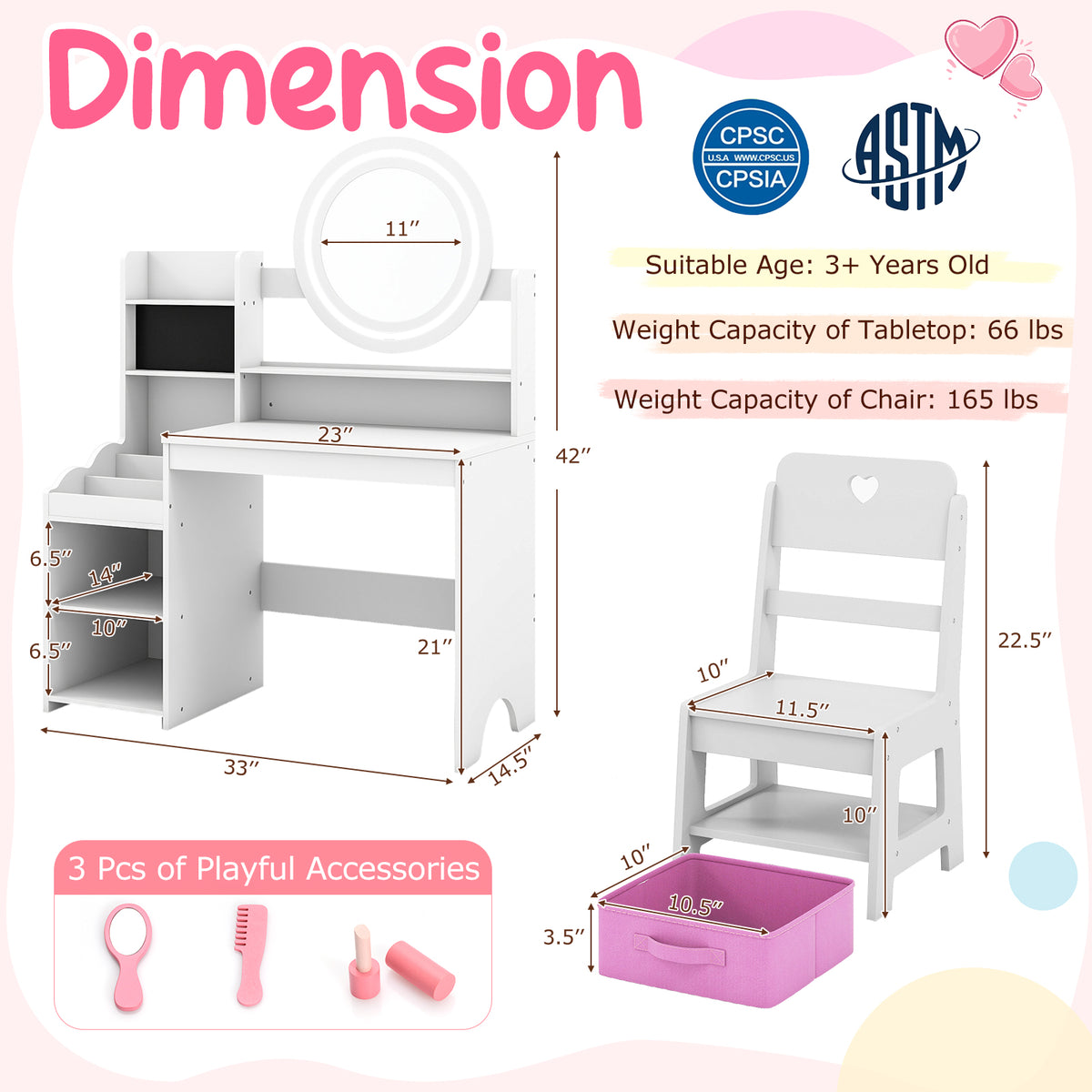 Kids Vanity Desk with Mirror Lights & Storage - White Circle Variation