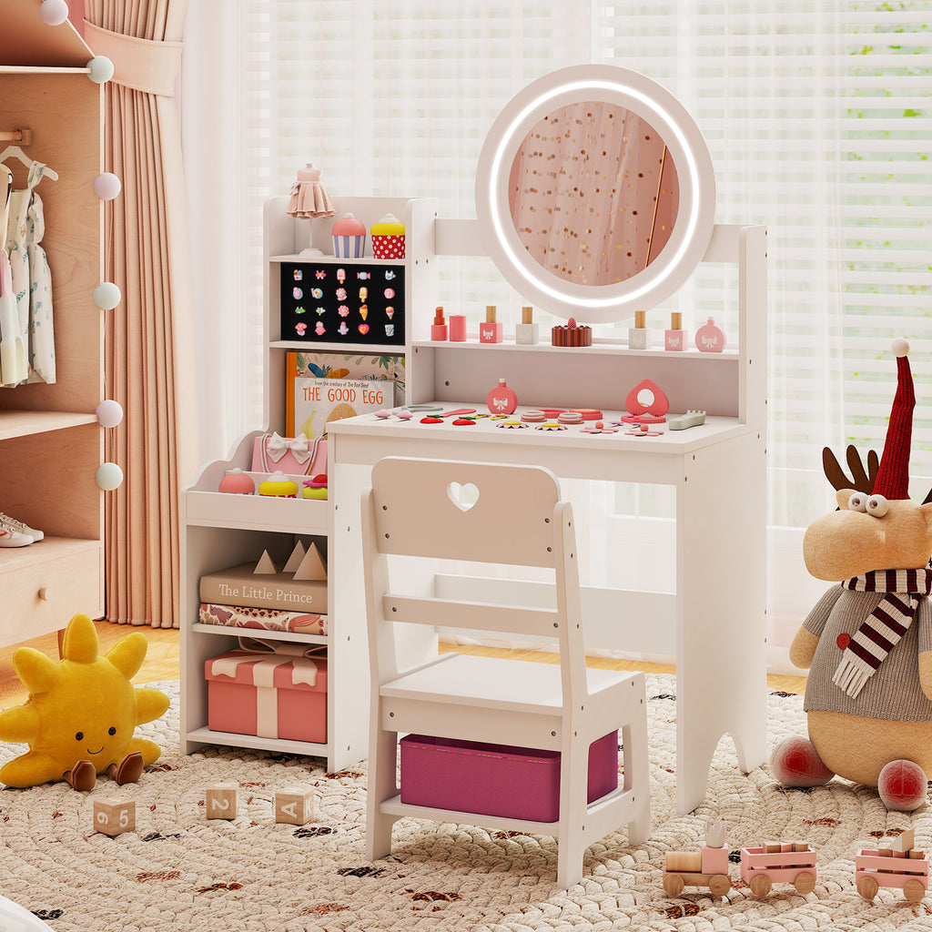 Kids Vanity Desk with Mirror Lights & Storage - White Circle Variation
