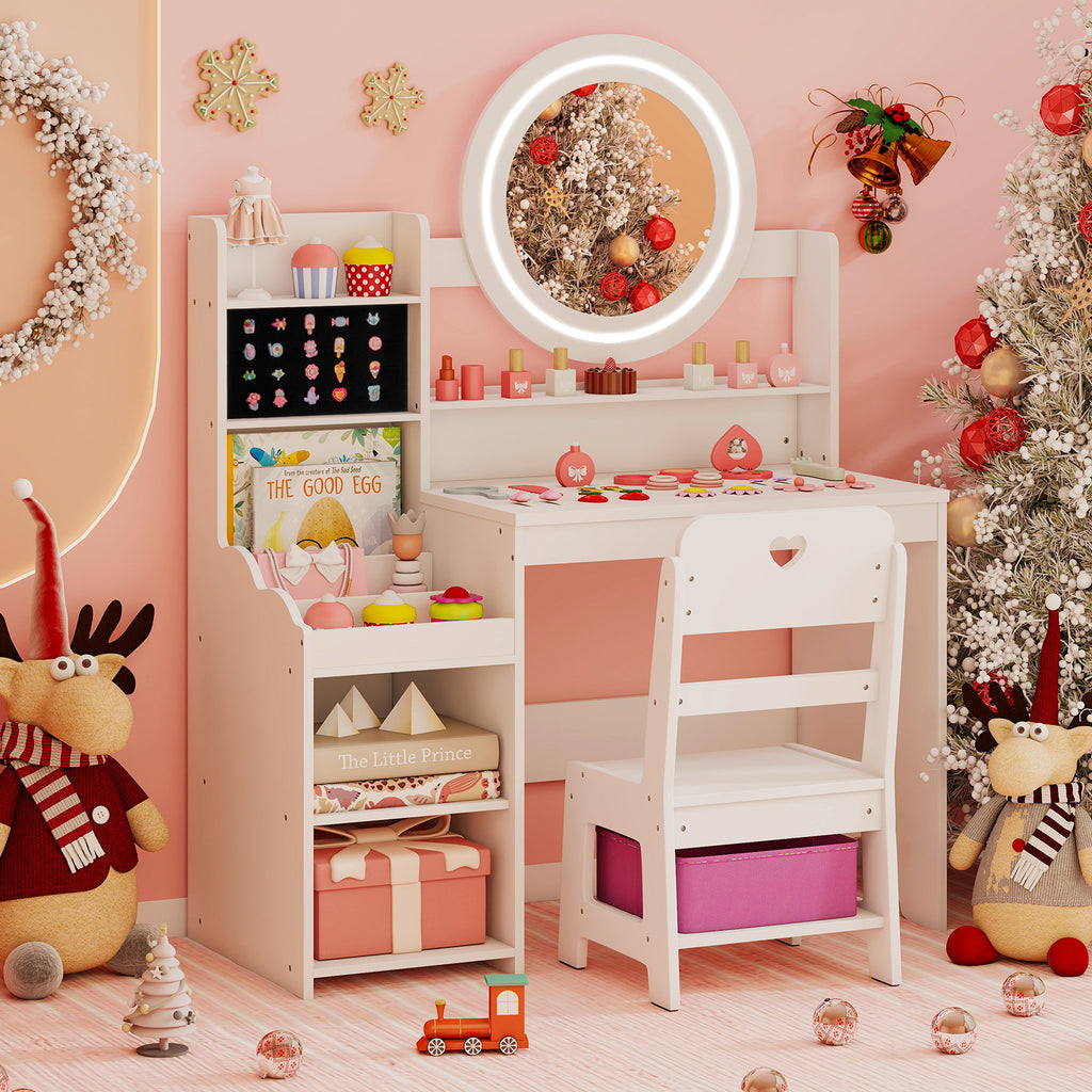 Kids Vanity Desk with Mirror Lights & Storage - White Circle Variation