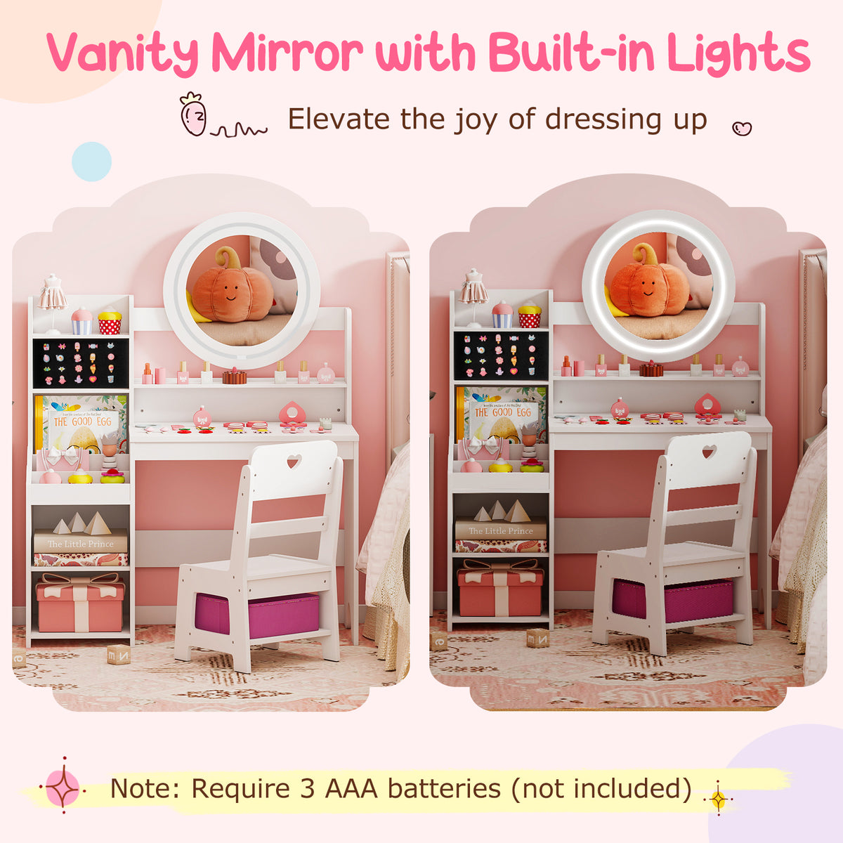 Kids Vanity Desk with Mirror Lights & Storage - White Circle Variation