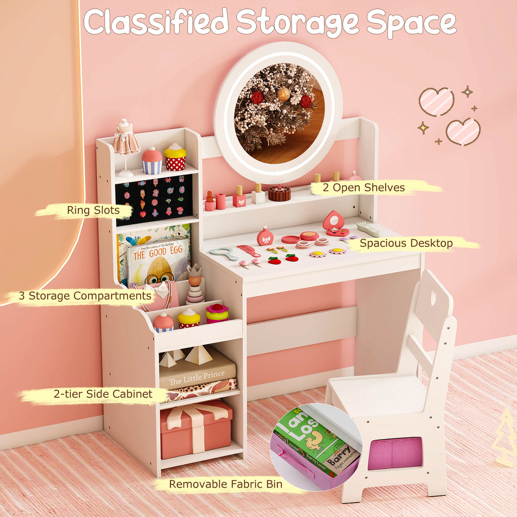 Kids Vanity Desk with Mirror Lights & Storage - White Circle Variation