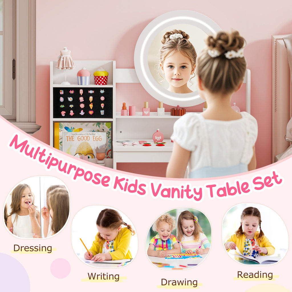 Kids Vanity Desk with Mirror Lights & Storage - White Circle Variation