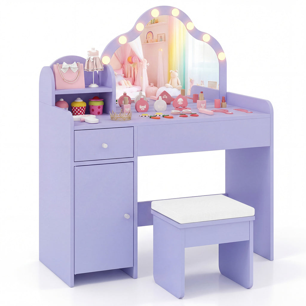 Kids Vanity Desk with Lighted Mirror and Storage - Purple Cloud Style