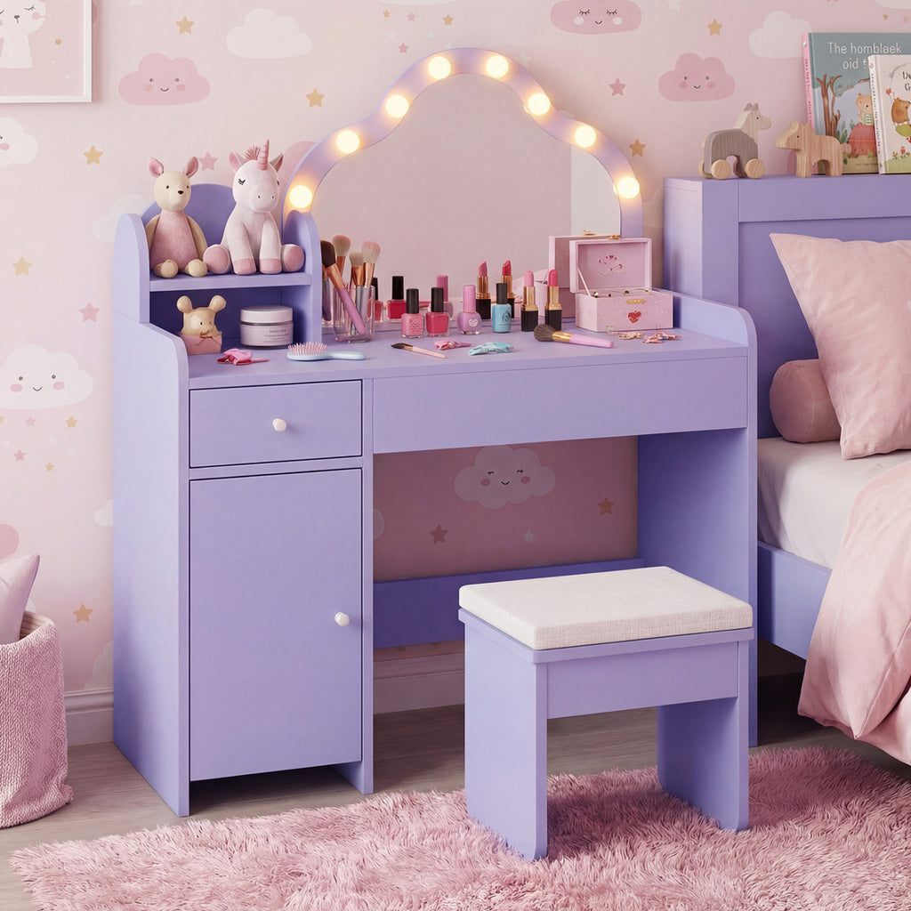Kids Vanity Desk with Lighted Mirror and Storage - Purple Cloud Style
