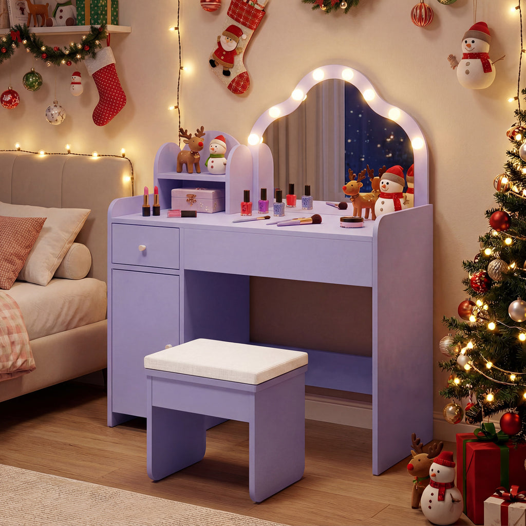 Kids Vanity Desk with Lighted Mirror and Storage - Purple Cloud Style