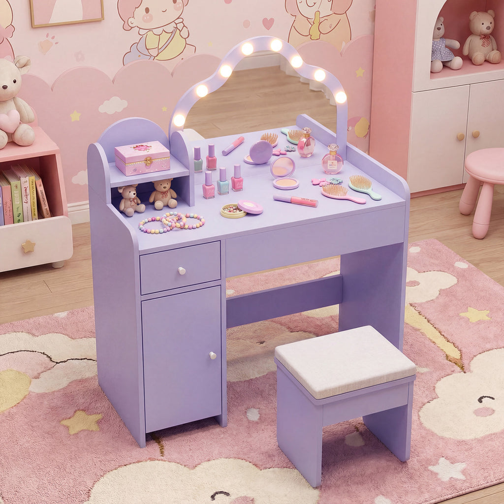 Kids Vanity Desk with Lighted Mirror and Storage - Purple Cloud Style