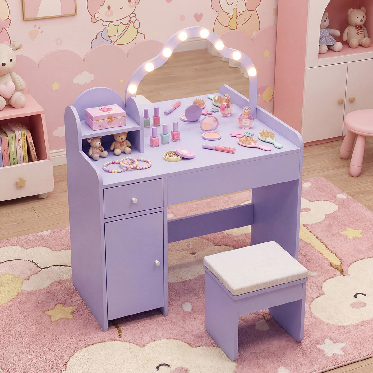 Kids Vanity Desk with Lighted Mirror and Storage - Purple Cloud Style