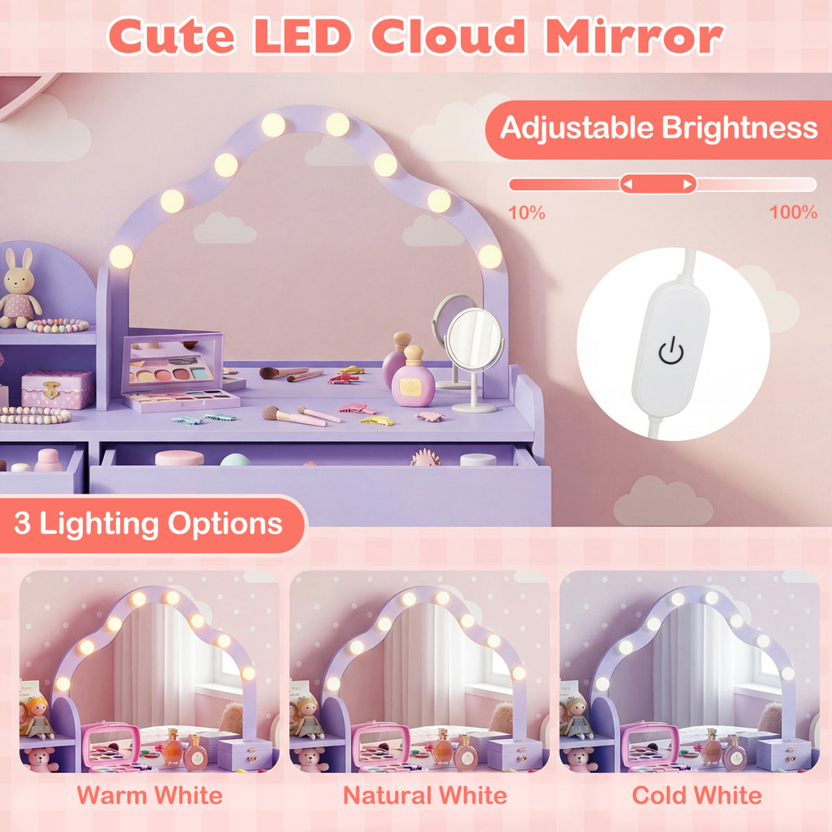 Kids Vanity Desk with Lighted Mirror and Storage - Purple Cloud Style