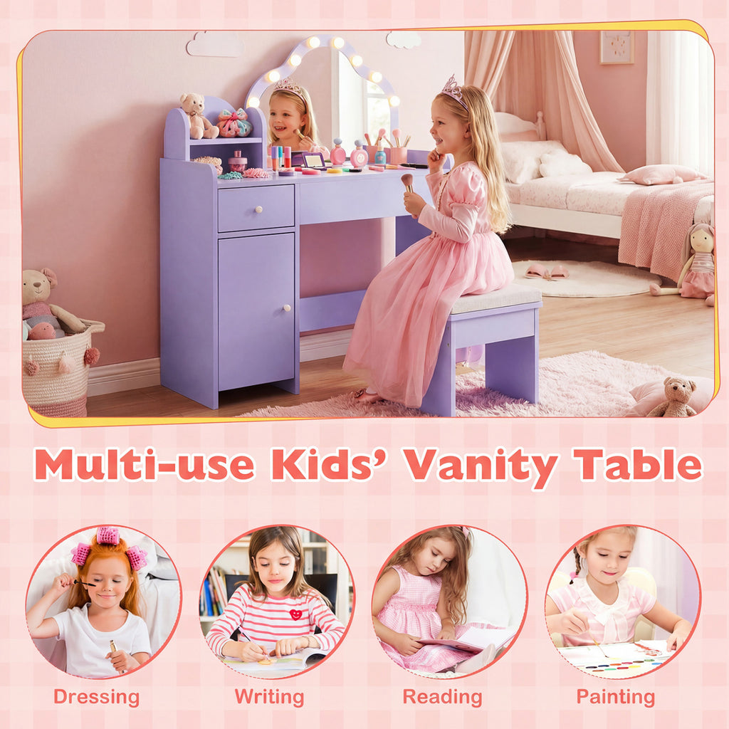 Kids Vanity Desk with Lighted Mirror and Storage - Purple Cloud Style