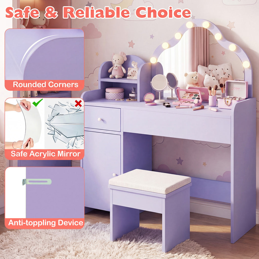Kids Vanity Desk with Lighted Mirror and Storage - Purple Cloud Style
