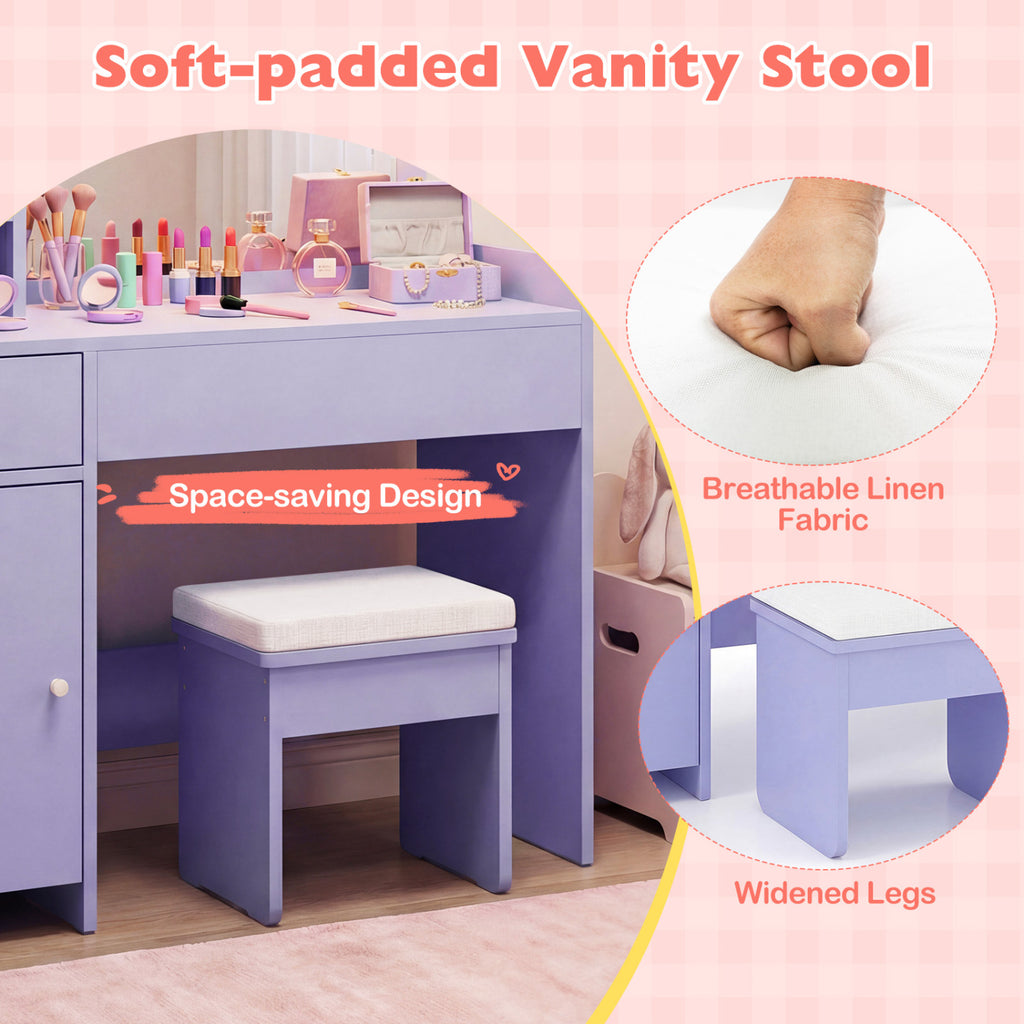 Kids Vanity Desk with Lighted Mirror and Storage - Purple Cloud Style