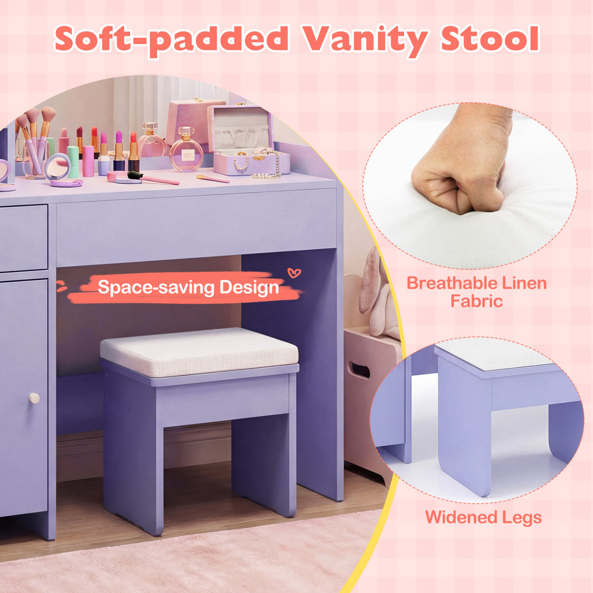 Kids Vanity Desk with Lighted Mirror and Storage - Purple Cloud Style