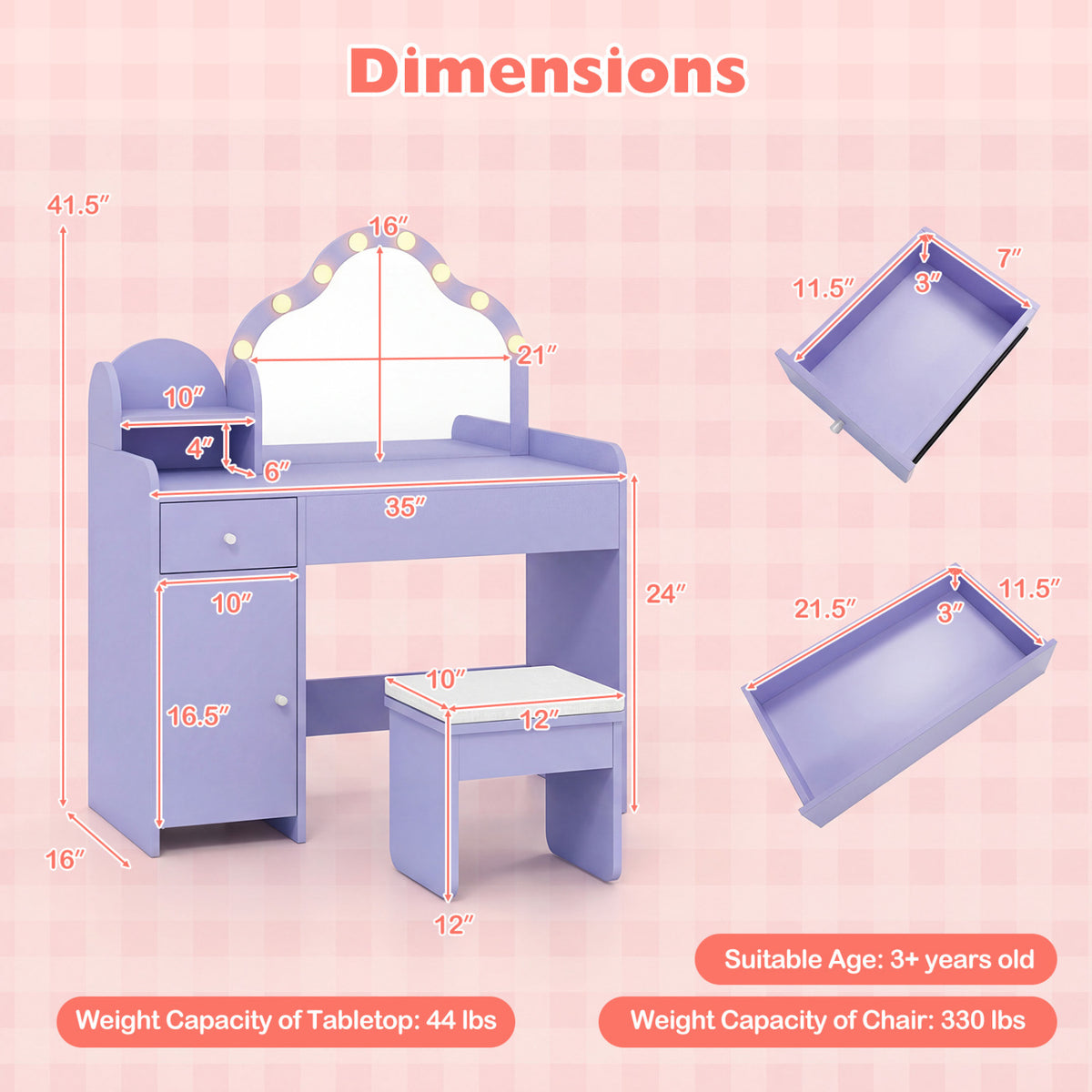 Kids Vanity Desk with Lighted Mirror and Storage - Purple Cloud Style