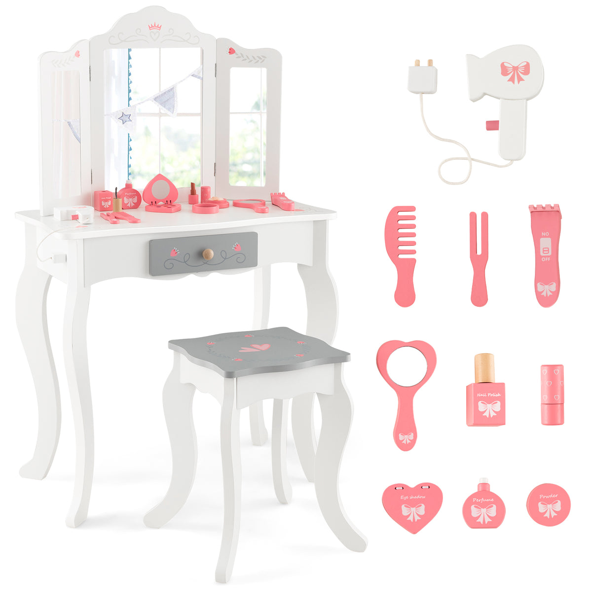 Kids Vanity Set with Tri-Fold Mirror and Bow Tie - White Kids Bedroom Furniture