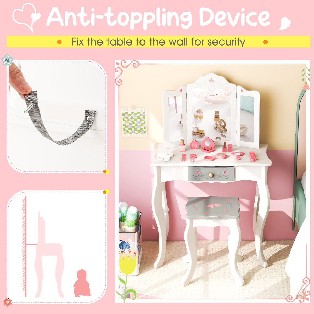 Kids Vanity Set with Tri-Fold Mirror and Bow Tie - White Kids Bedroom Furniture