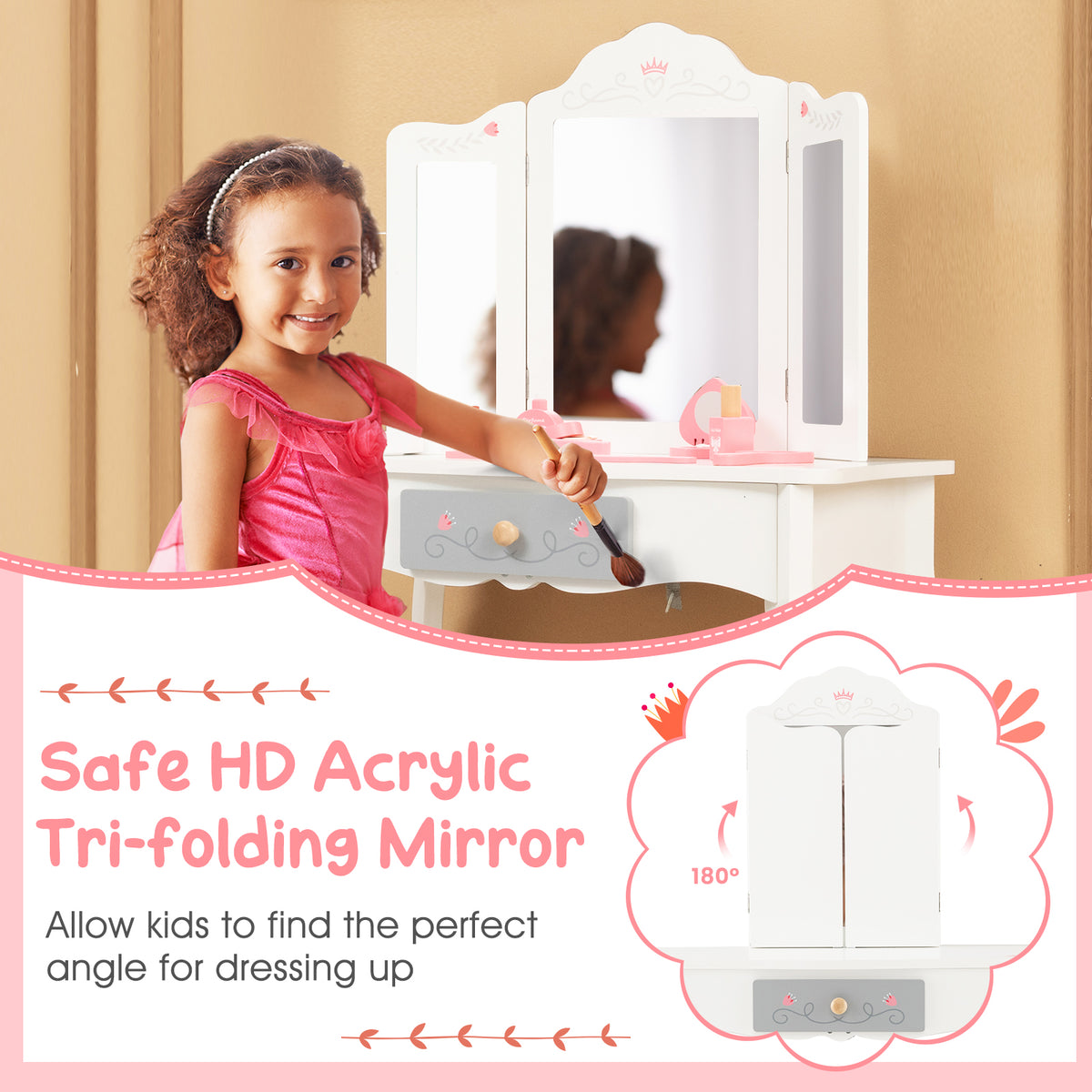 Kids Vanity Set with Tri-Fold Mirror and Bow Tie - White Kids Bedroom Furniture