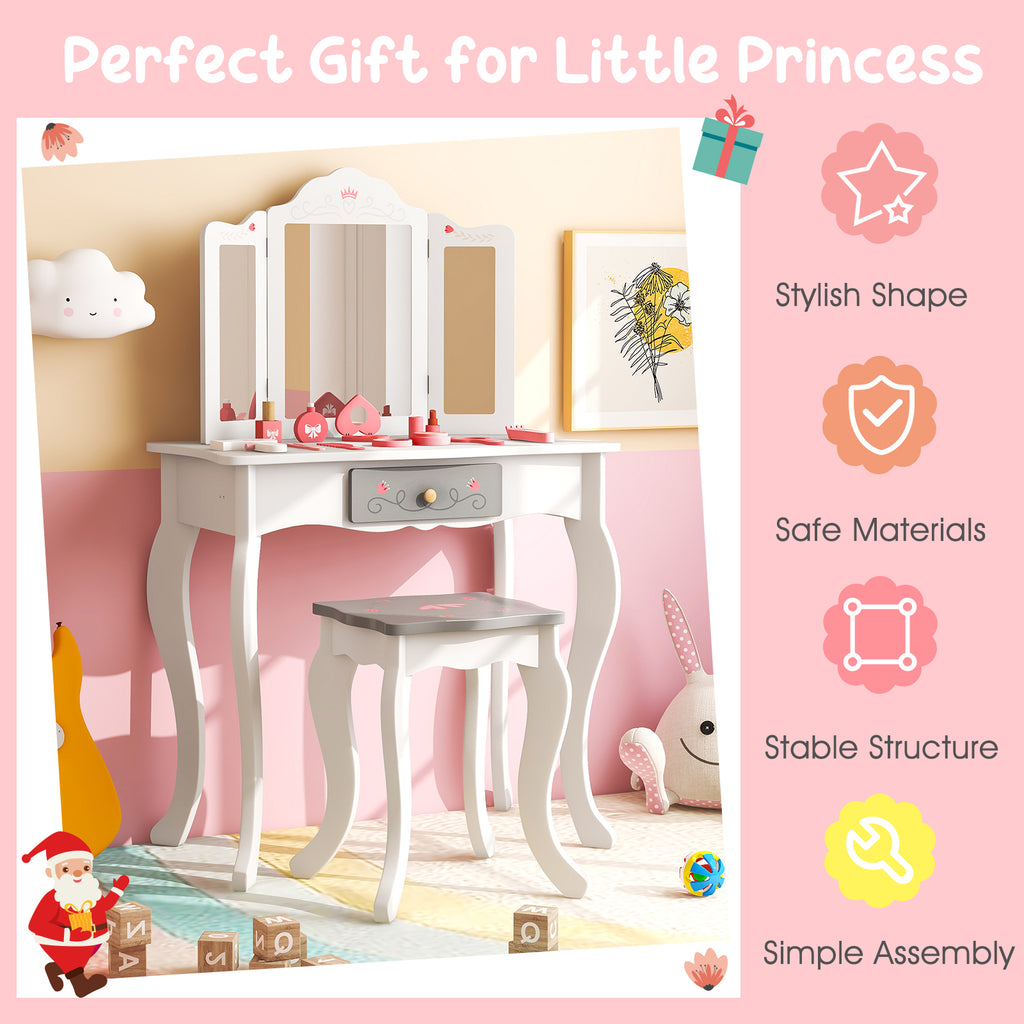 Kids Vanity Set with Tri-Fold Mirror and Bow Tie - White Kids Bedroom Furniture