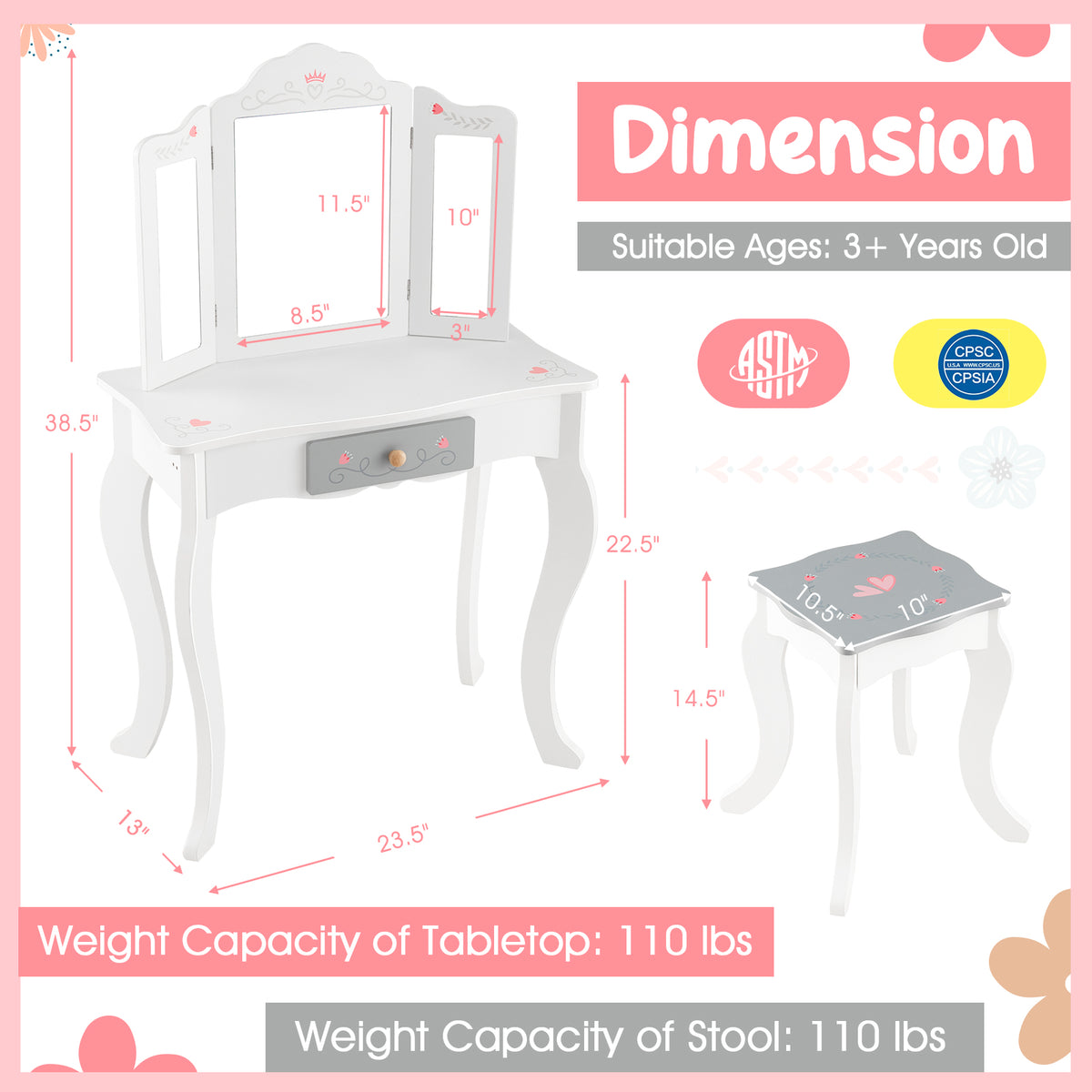 Kids Vanity Set with Tri-Fold Mirror and Bow Tie - White Kids Bedroom Furniture
