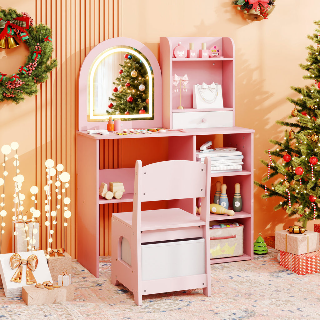 Kids Vanity Set Princess Girls Makeup Vanity Desk with Chair & 3-Color LED Lighted Mirror - Semicircle Pink