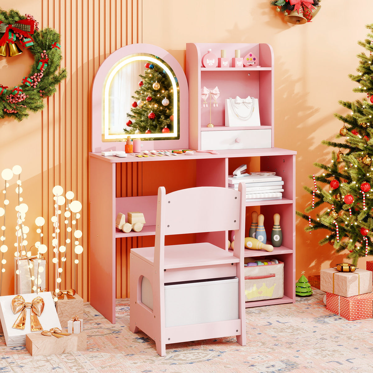 Kids Vanity Set Princess Girls Makeup Vanity Desk with Chair & 3-Color LED Lighted Mirror - Semicircle Pink