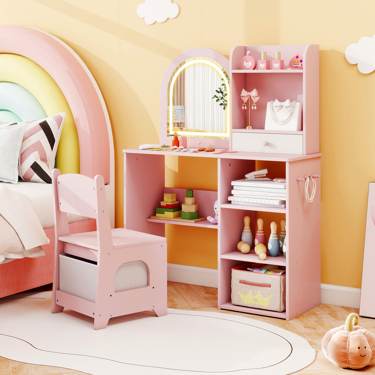Kids Vanity Set Princess Girls Makeup Vanity Desk with Chair & 3-Color LED Lighted Mirror - Semicircle Pink