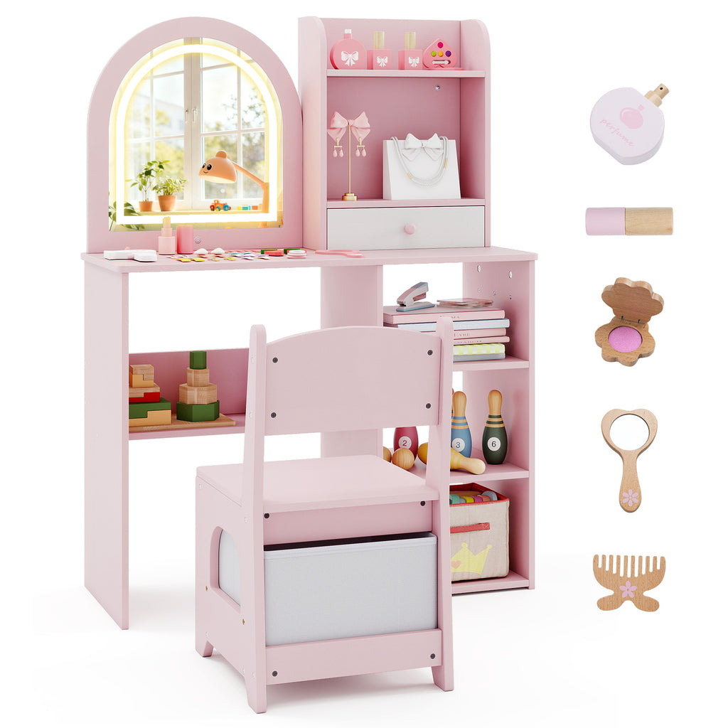 Kids Vanity Set Princess Girls Makeup Vanity Desk with Chair & 3-Color LED Lighted Mirror - Semicircle Pink