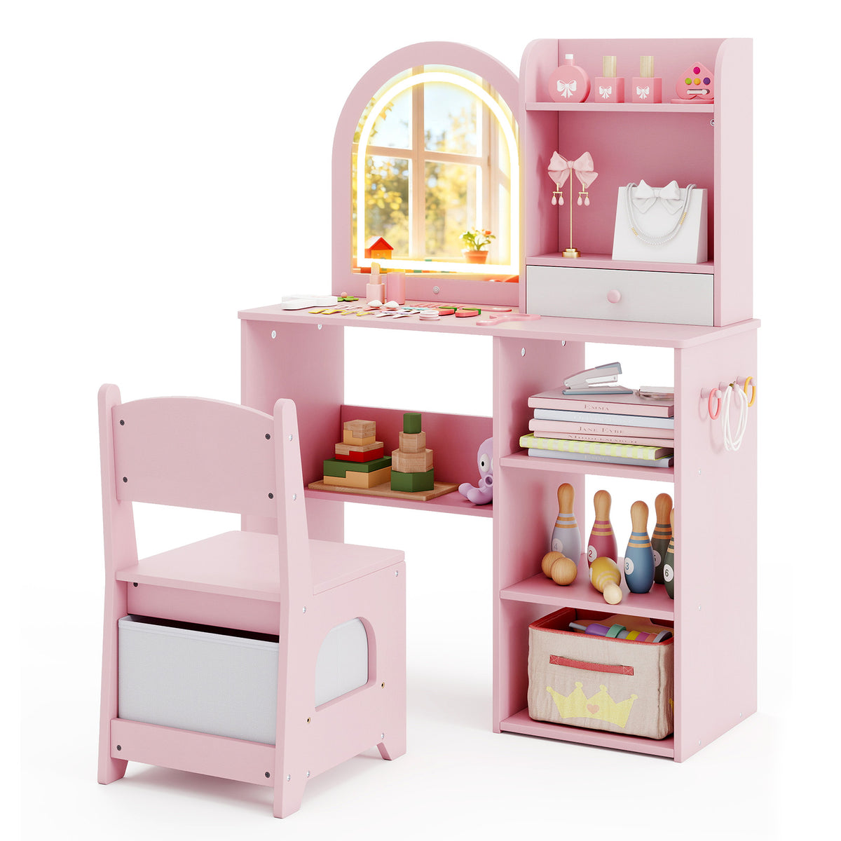 Kids Vanity Set Princess Girls Makeup Vanity Desk with Chair & 3-Color LED Lighted Mirror - Semicircle Pink