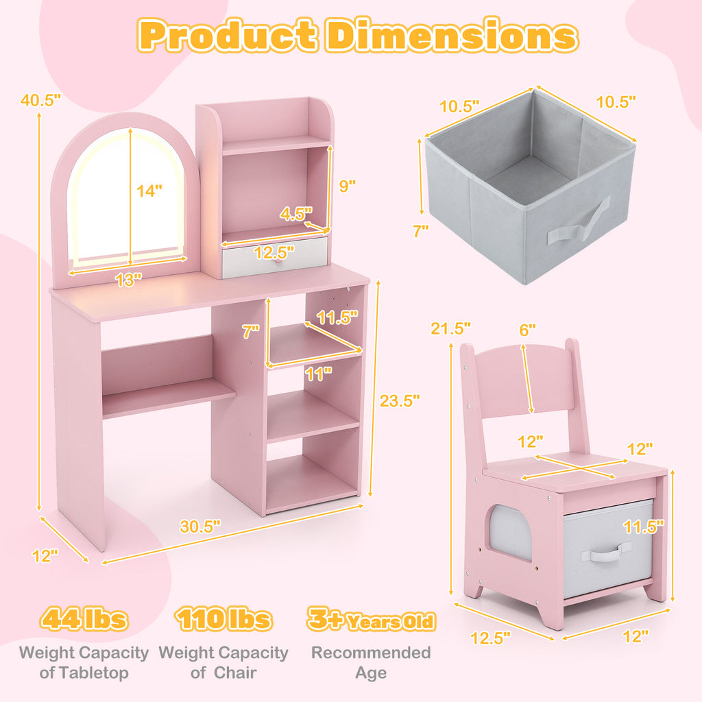 Kids Vanity Set Princess Girls Makeup Vanity Desk with Chair & 3-Color LED Lighted Mirror - Semicircle Pink