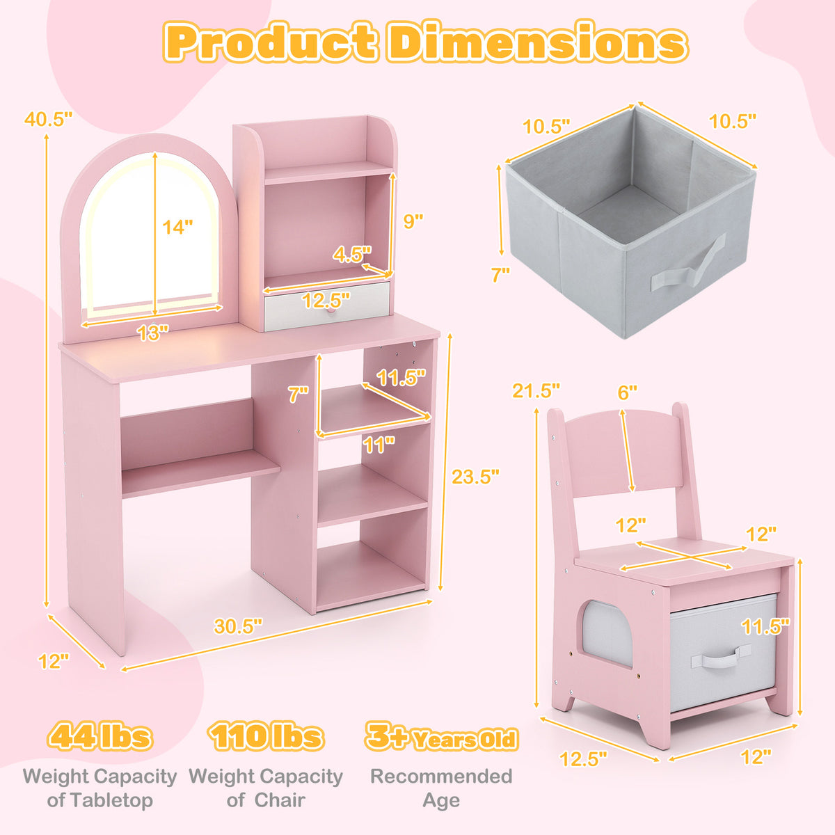 Kids Vanity Set Princess Girls Makeup Vanity Desk with Chair & 3-Color LED Lighted Mirror - Semicircle Pink