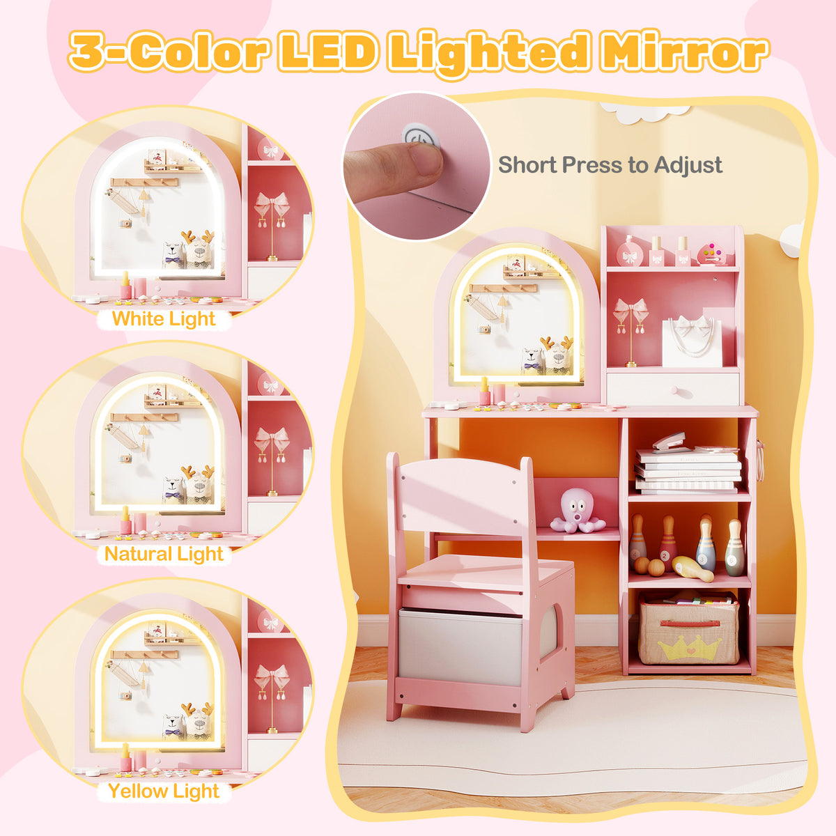 Kids Vanity Set Princess Girls Makeup Vanity Desk with Chair & 3-Color LED Lighted Mirror - Semicircle Pink