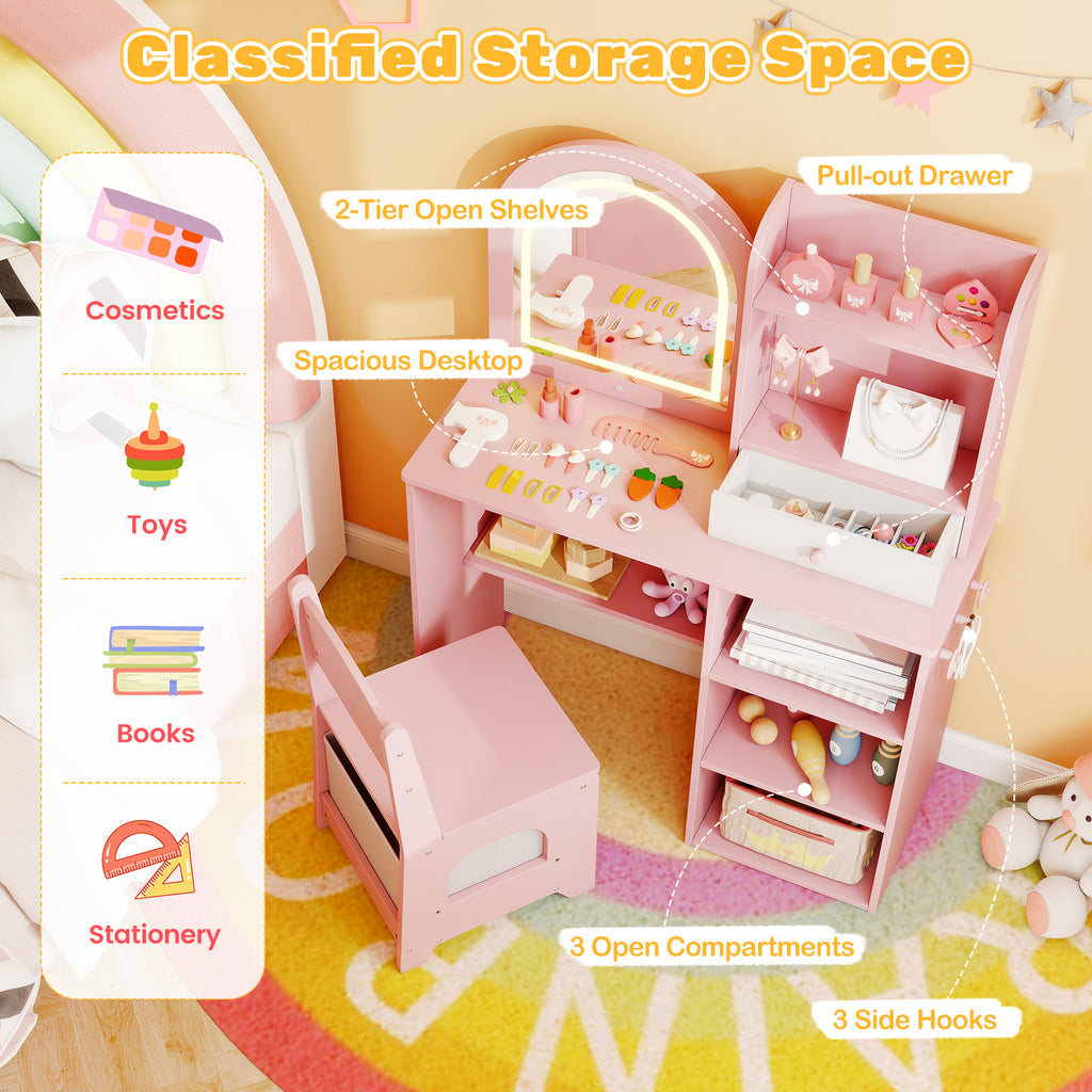 Kids Vanity Set Princess Girls Makeup Vanity Desk with Chair & 3-Color LED Lighted Mirror - Semicircle Pink