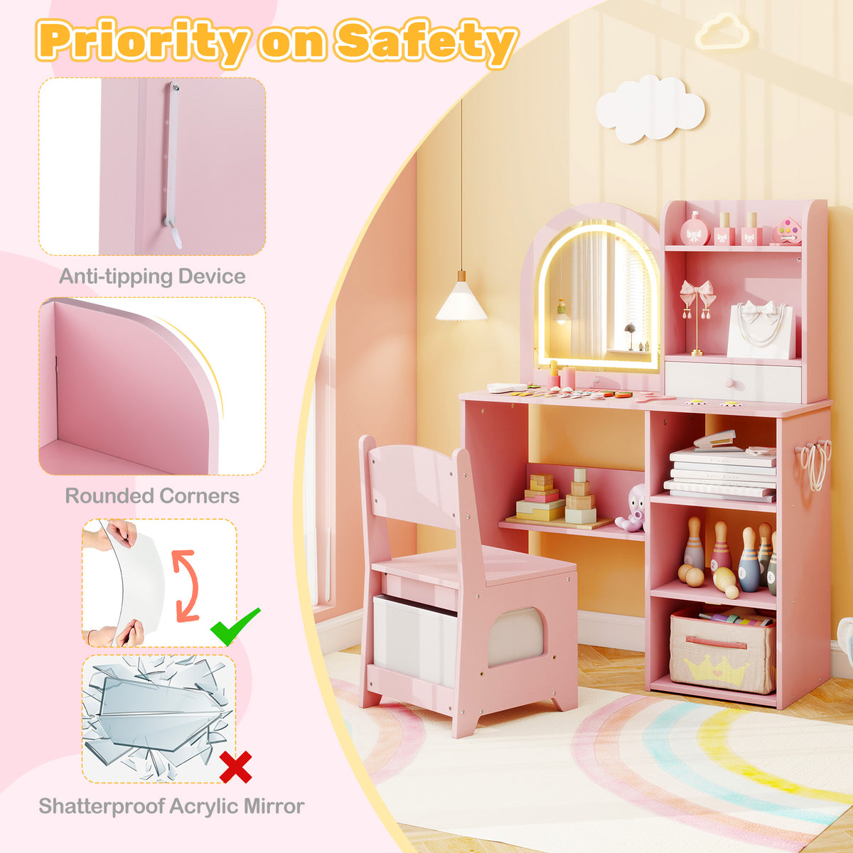 Kids Vanity Set Princess Girls Makeup Vanity Desk with Chair & 3-Color LED Lighted Mirror - Semicircle Pink