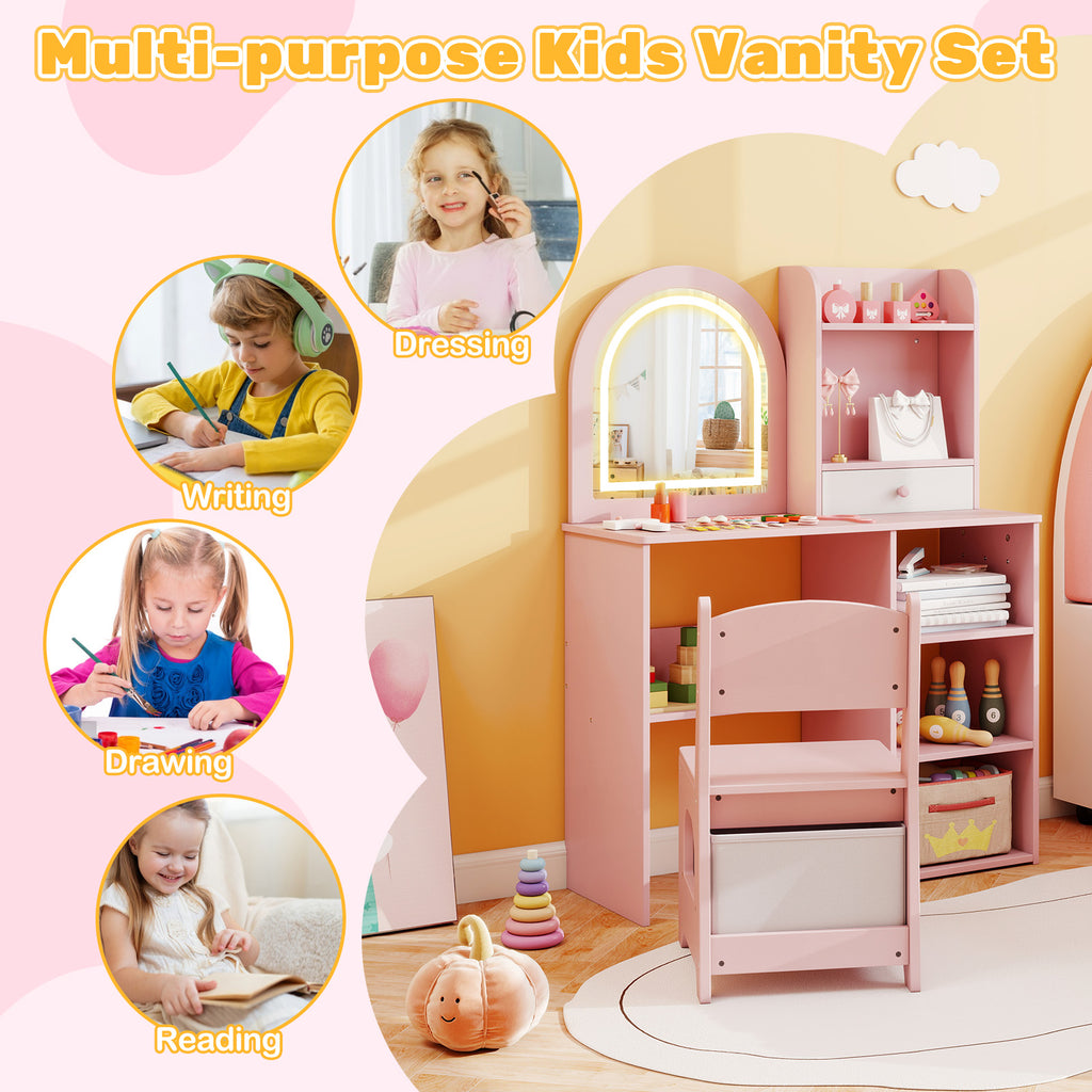 Kids Vanity Set Princess Girls Makeup Vanity Desk with Chair & 3-Color LED Lighted Mirror - Semicircle Pink