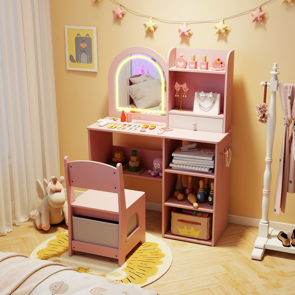 Kids Vanity Set Princess Girls Makeup Vanity Desk with Chair & 3-Color LED Lighted Mirror - Semicircle Pink