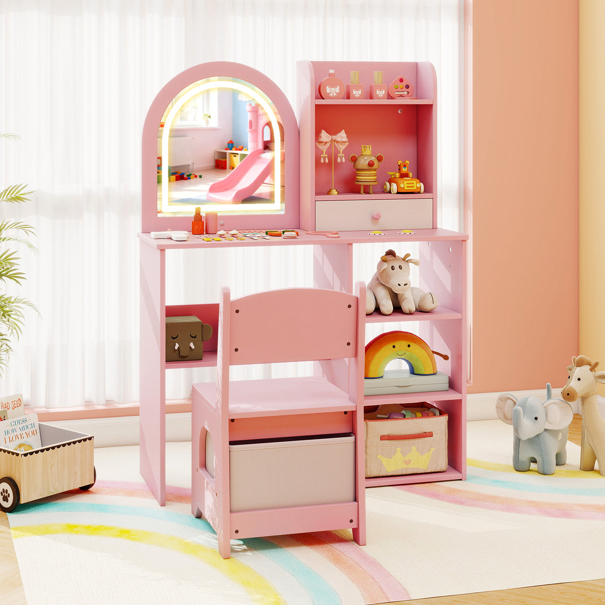 Kids Vanity Set Princess Girls Makeup Vanity Desk with Chair & 3-Color LED Lighted Mirror - Semicircle Pink