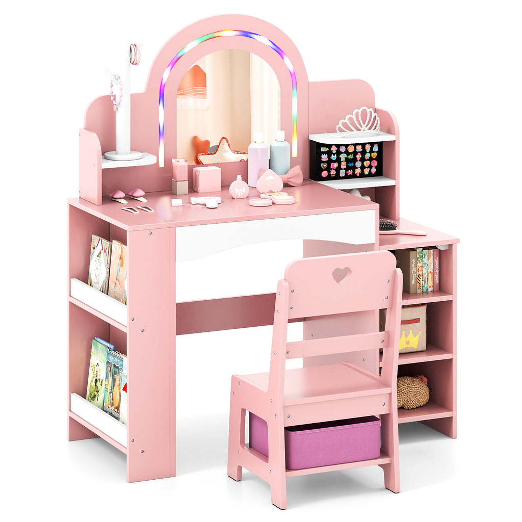 Kids Vanity Set with Colorful LED Lights Princess Makeup Dressing Table & Chair - Pink Arch