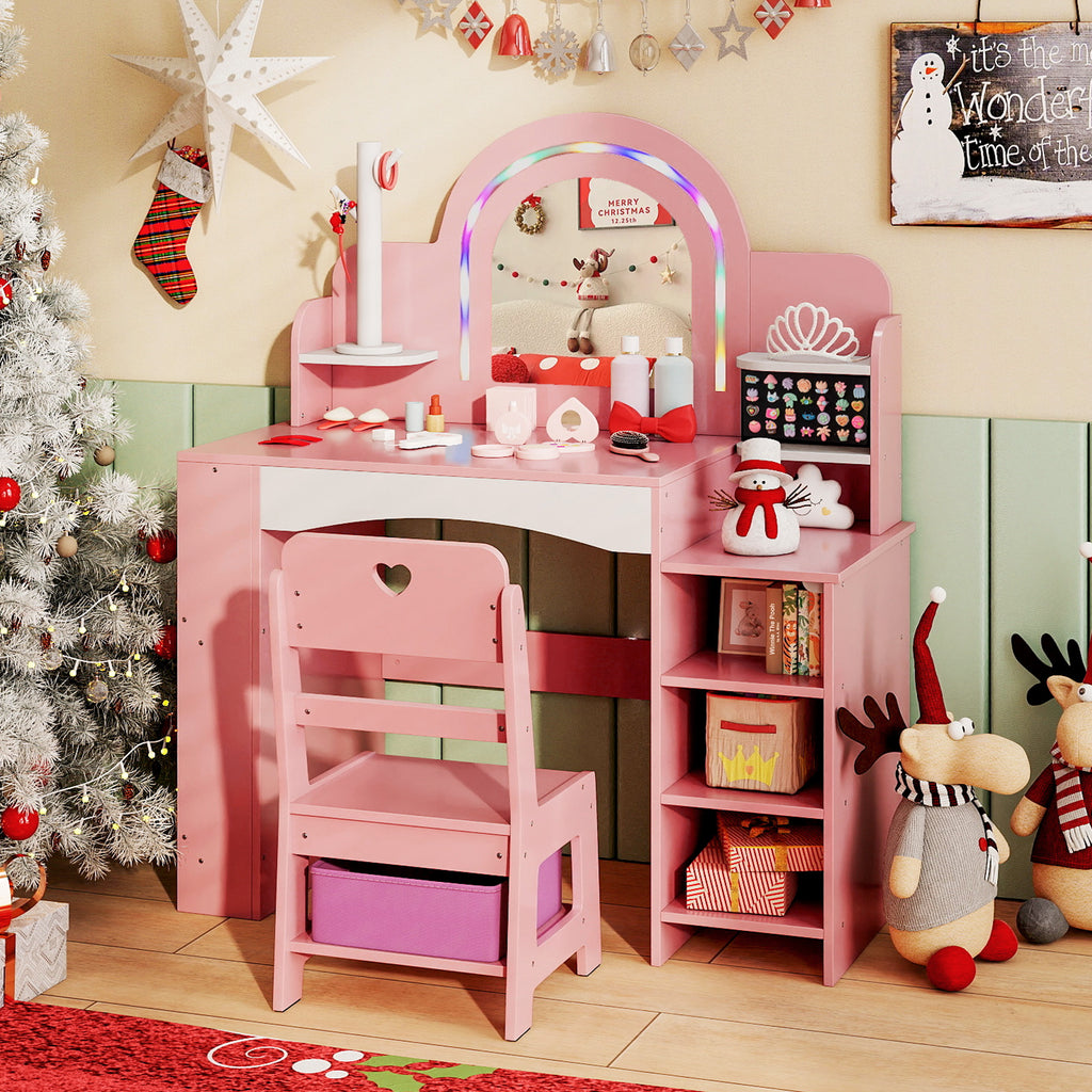 Kids Vanity Set with Colorful LED Lights Princess Makeup Dressing Table & Chair - Pink Arch