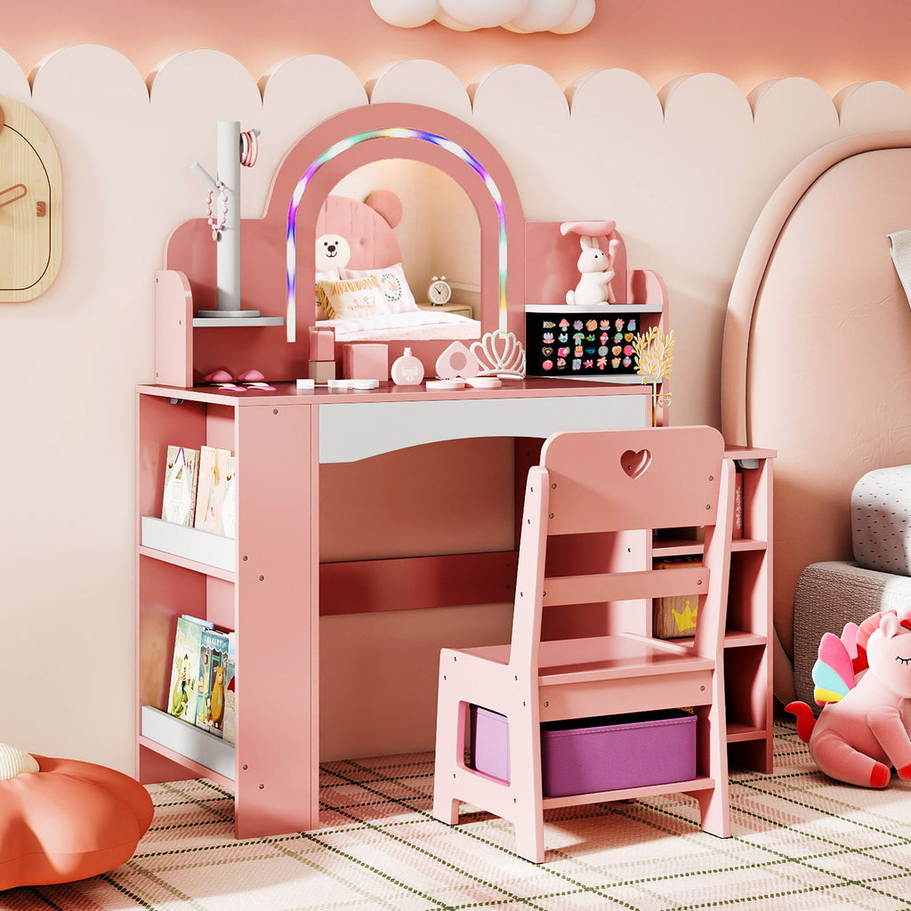 Kids Vanity Set with Colorful LED Lights Princess Makeup Dressing Table & Chair - Pink Arch