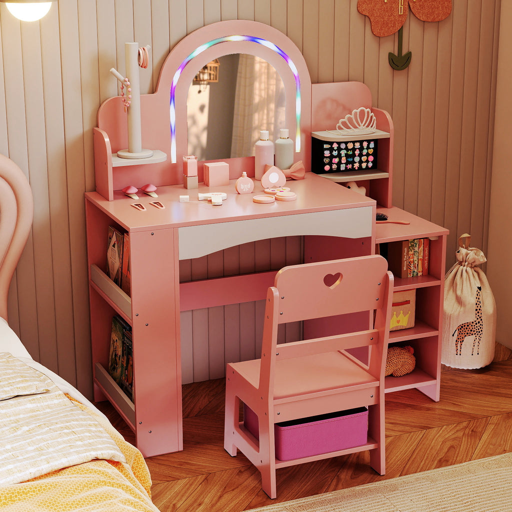Kids Vanity Set with Colorful LED Lights Princess Makeup Dressing Table & Chair - Pink Arch