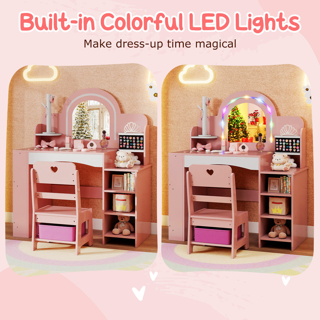 Kids Vanity Set with Colorful LED Lights Princess Makeup Dressing Table & Chair - Pink Arch