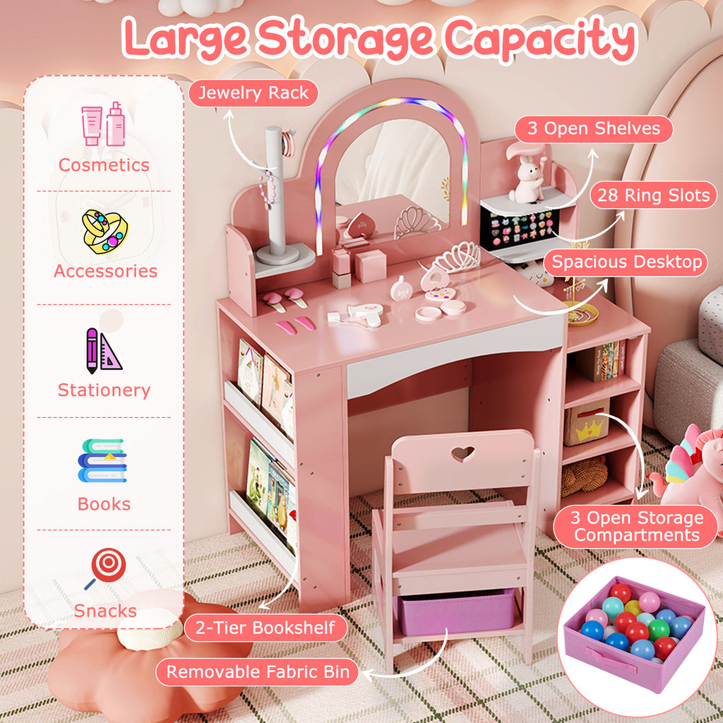 Kids Vanity Set with Colorful LED Lights Princess Makeup Dressing Table & Chair - Pink Arch