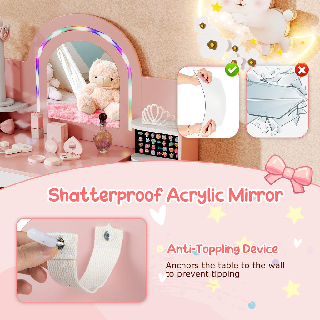Kids Vanity Set with Colorful LED Lights Princess Makeup Dressing Table & Chair - Pink Arch