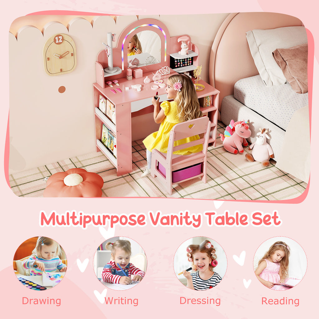 Kids Vanity Set with Colorful LED Lights Princess Makeup Dressing Table & Chair - Pink Arch