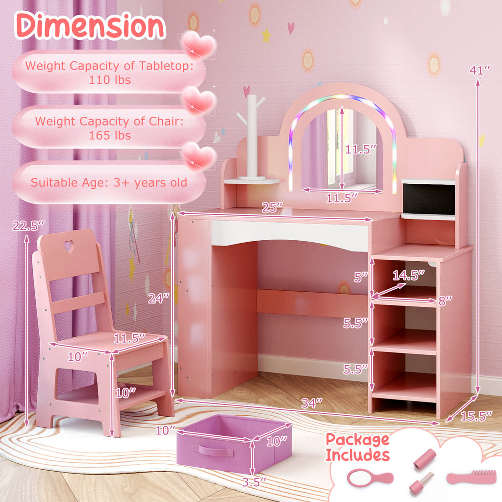 Kids Vanity Set with Colorful LED Lights Princess Makeup Dressing Table & Chair - Pink Arch