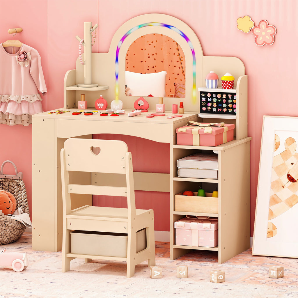 Kids Vanity Set with Colorful LED Lights Princess Makeup Dressing Table & Chair (Arch, Natural)