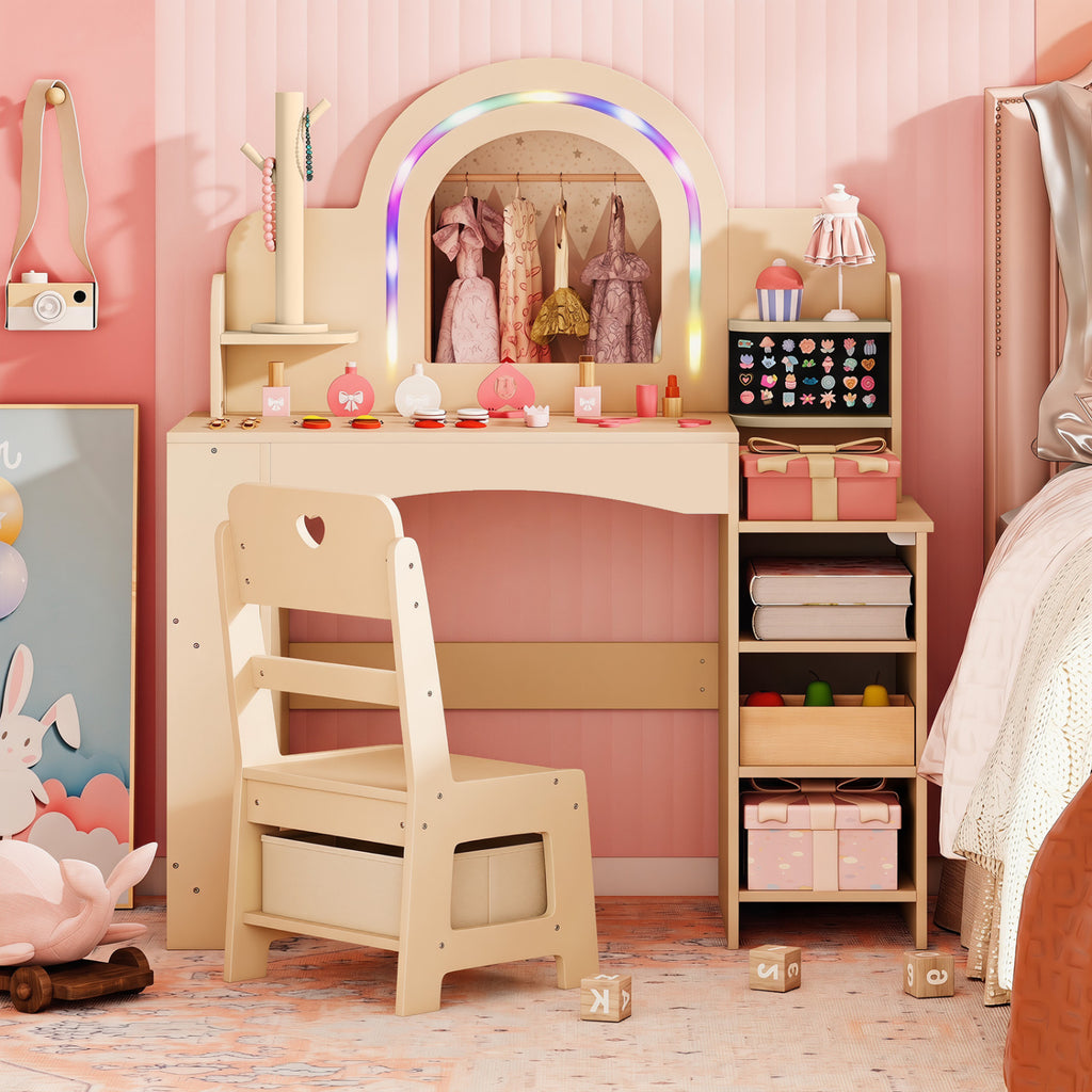Kids Vanity Set with Colorful LED Lights Princess Makeup Dressing Table & Chair (Arch, Natural)